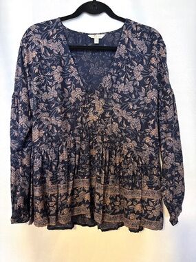 Lucky Brand Floral Boho Peplum Blouse Long Sleeve Navy Brown Size M